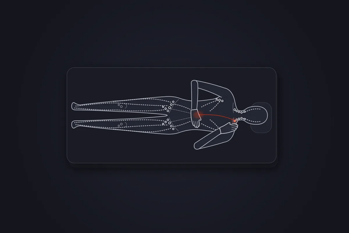 Illustration&nbsp;: une personne allongée sur un tapis, vue de dessus, pose une main à plat sur son ventre pour la respiration abdominale et l'autre au creux au-dessus de sa clavicule gauche, point d'arrivée de la lymphe. Un trait rouge relie le ventre à la base du cou&nbsp;; le reste du réseau lymphatique et les ganglions sont en gris.