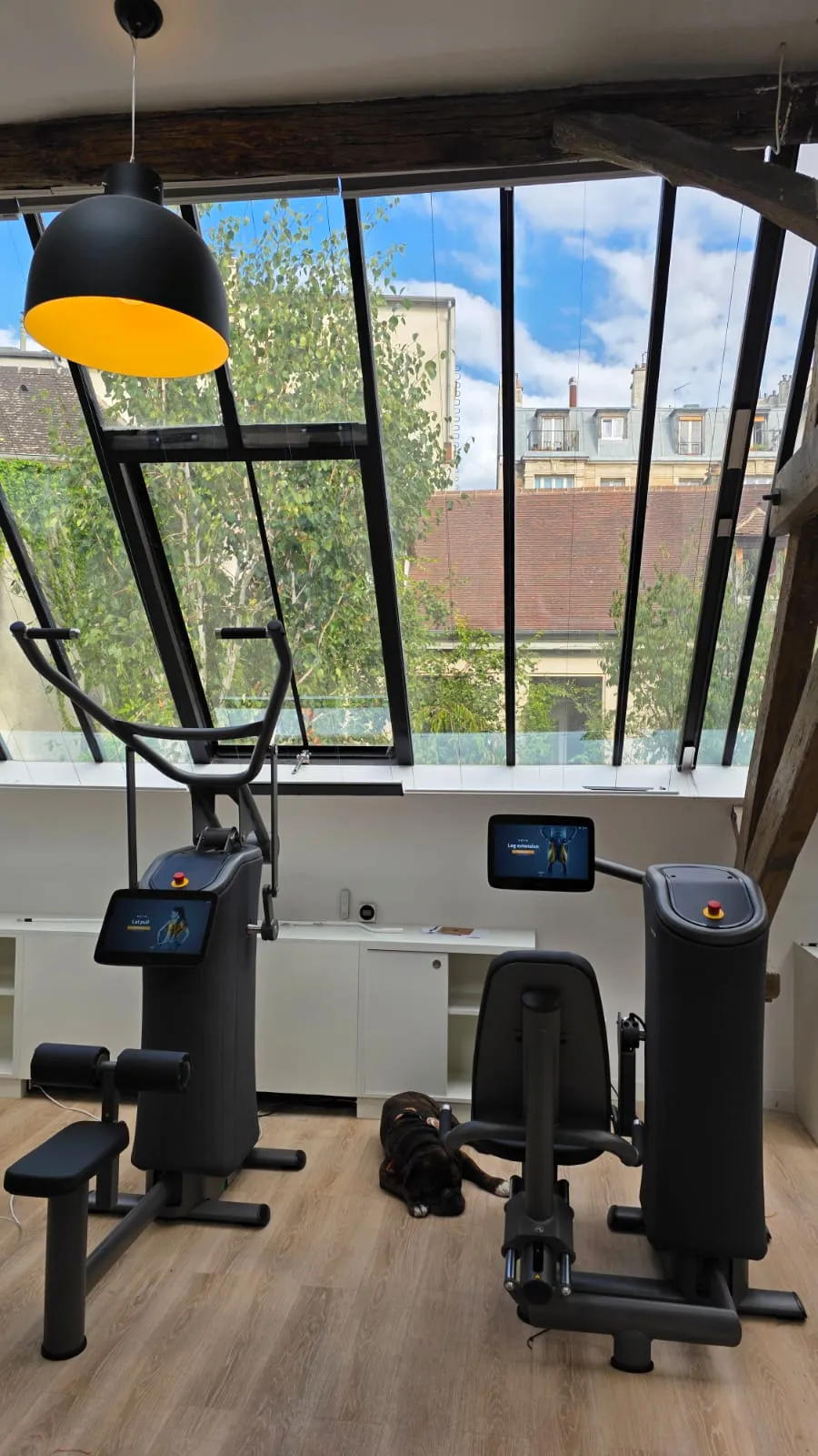 Two screen-equipped eGym machines under the glass roof and beams in Paris Marais